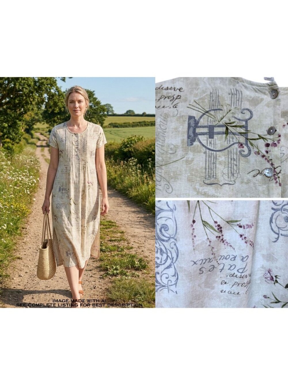 Vintage 90s Linen Blend Sundress Dress M Petite 3D Rosettes French Poet Whimsy
